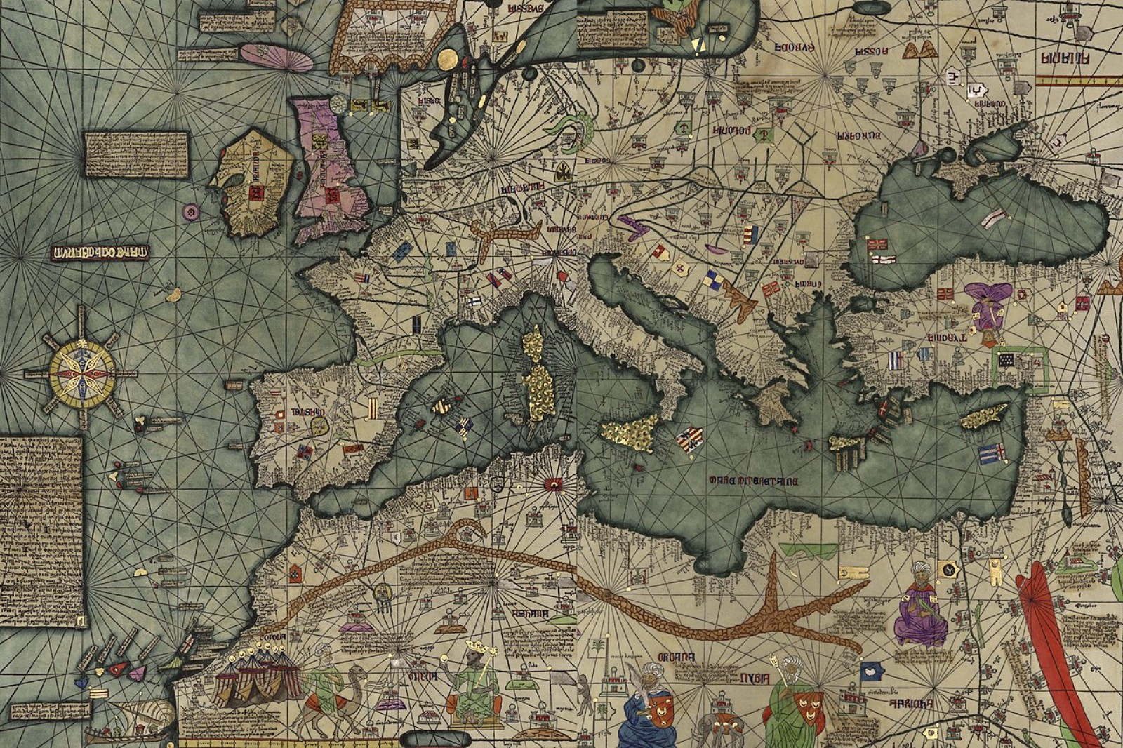 Carta portolana del cartògraf Abraham Cresques, coneguda pel nom d’Atles Català. Carta portolana nàutico-geogràfica confeccionada el 1375