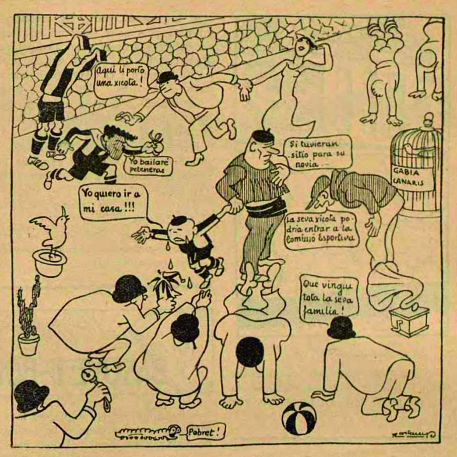 «AMOR, NOSTÀLGIA I ENYORAMENT. Una instantània del debut de Gárate » Dibuix de Castanys al número de Xut! del 14 de novembre de 1933.