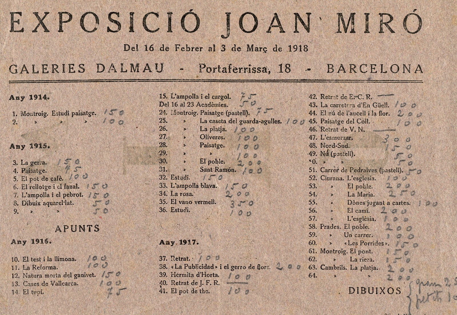 Catàleg de l'exposició de Joan Miró, a les Galeries Dalmau de Barcelona, del 16 de febrer al 3 de març de 1918. 