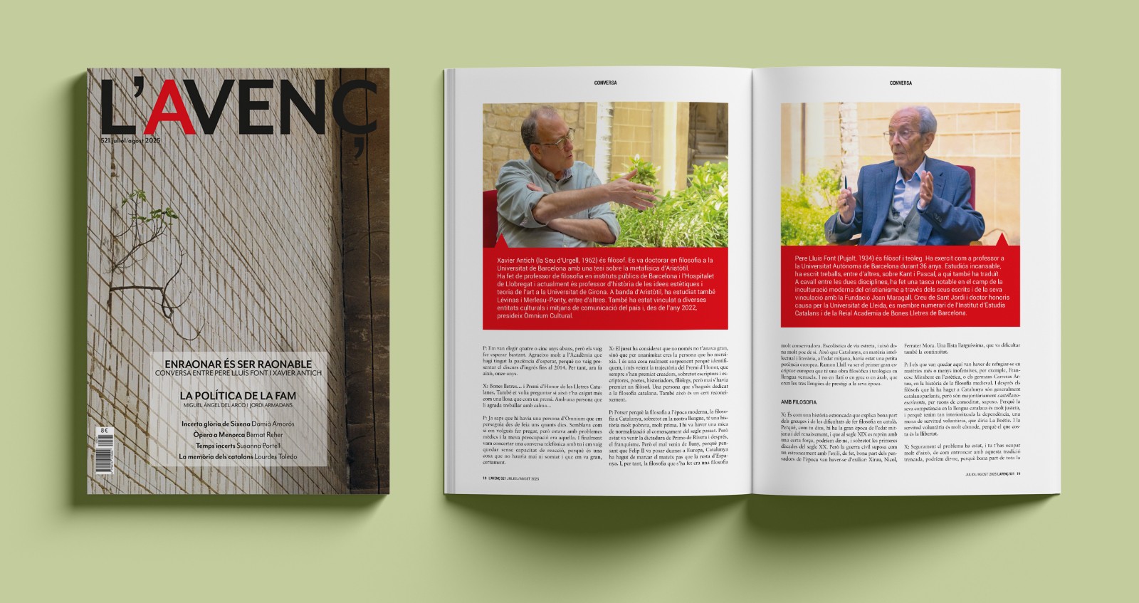 En coberta l'espai cultural Líthica i a l'interior detall de la conversa entre Pere Lluís Font i Xavier Antich